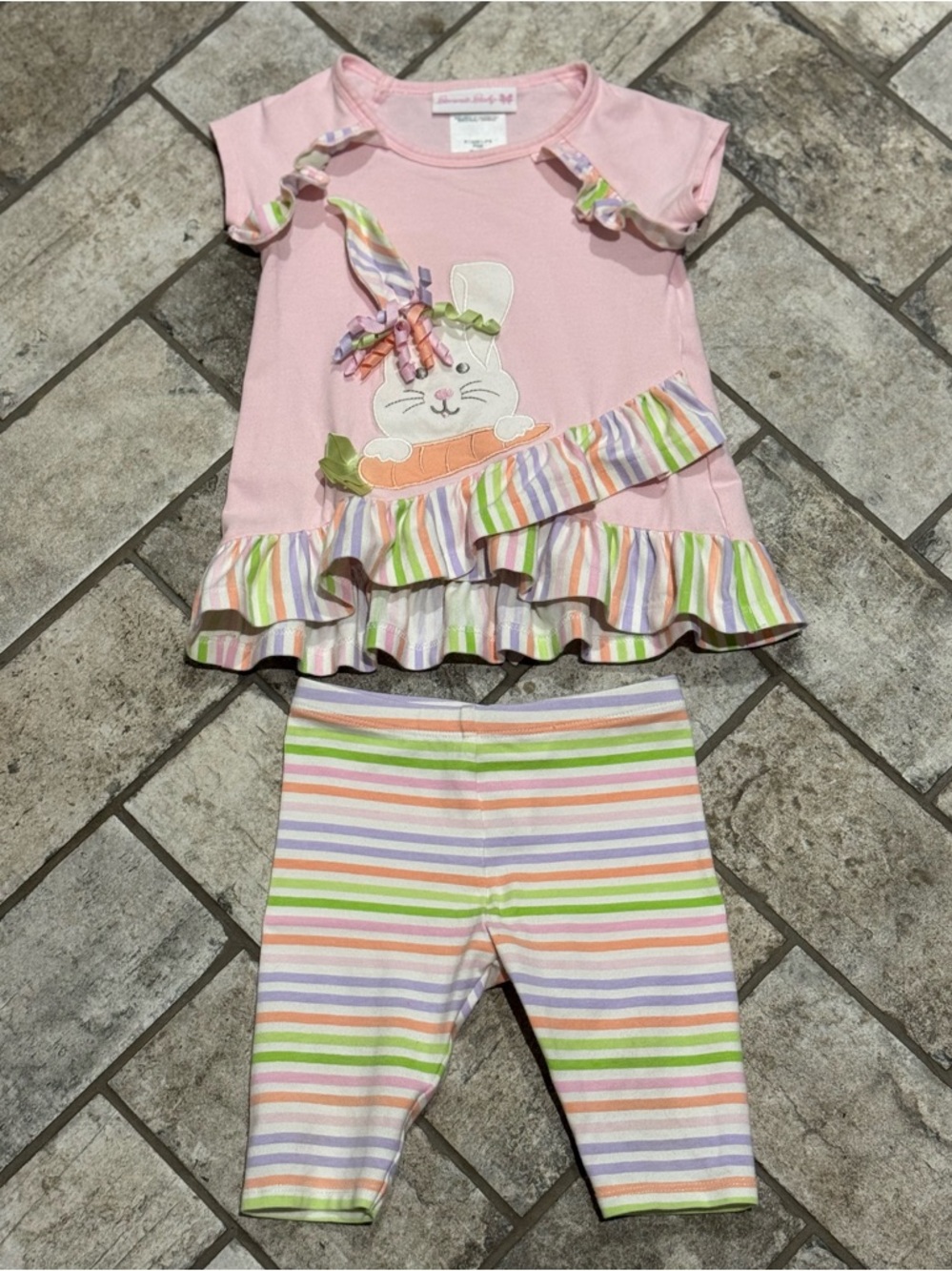 Baby Girl Matching Easter Bunny Stripe Outfit w/ Short Sleeve Shirt & Pants